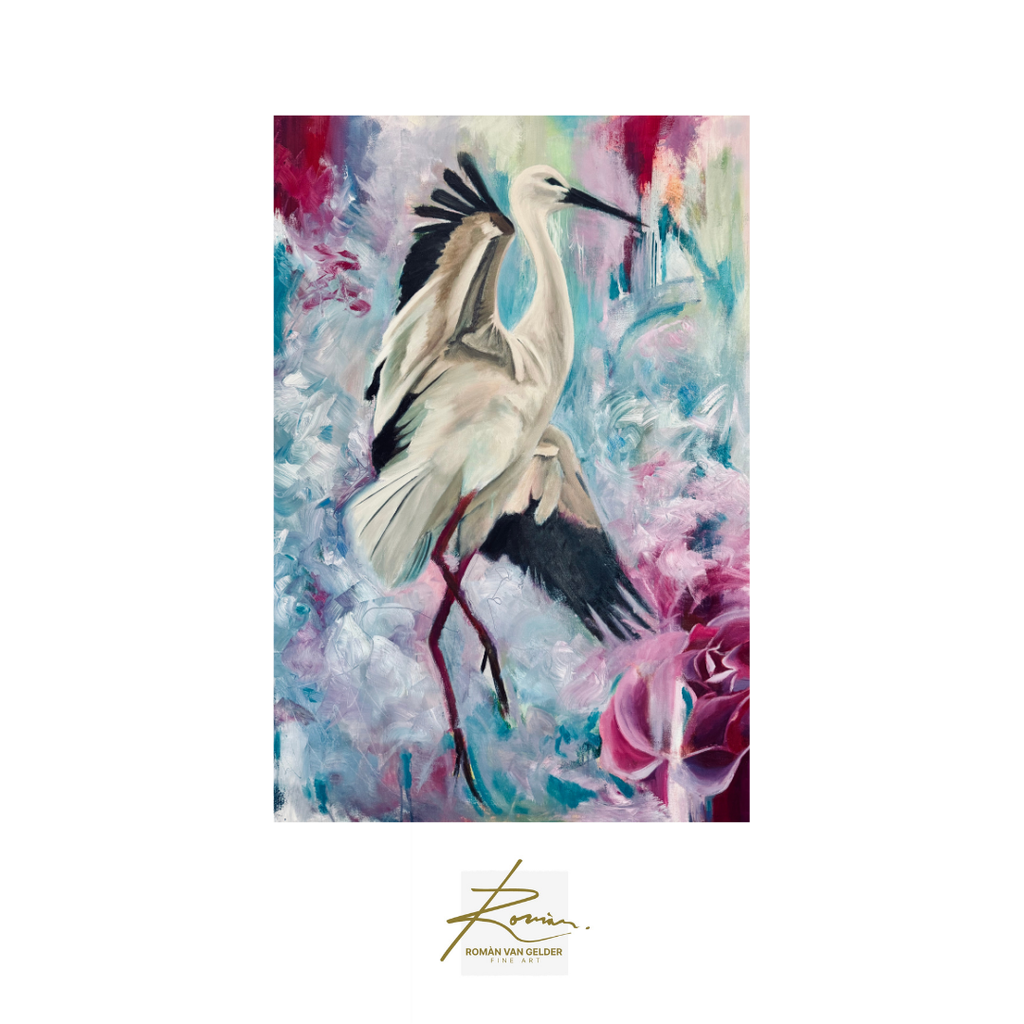Painting of a stork with abstract floral background