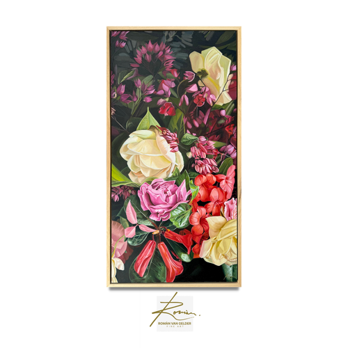 Floral painting with vibrant colors on a dark background, signed by Roman Van Helden.