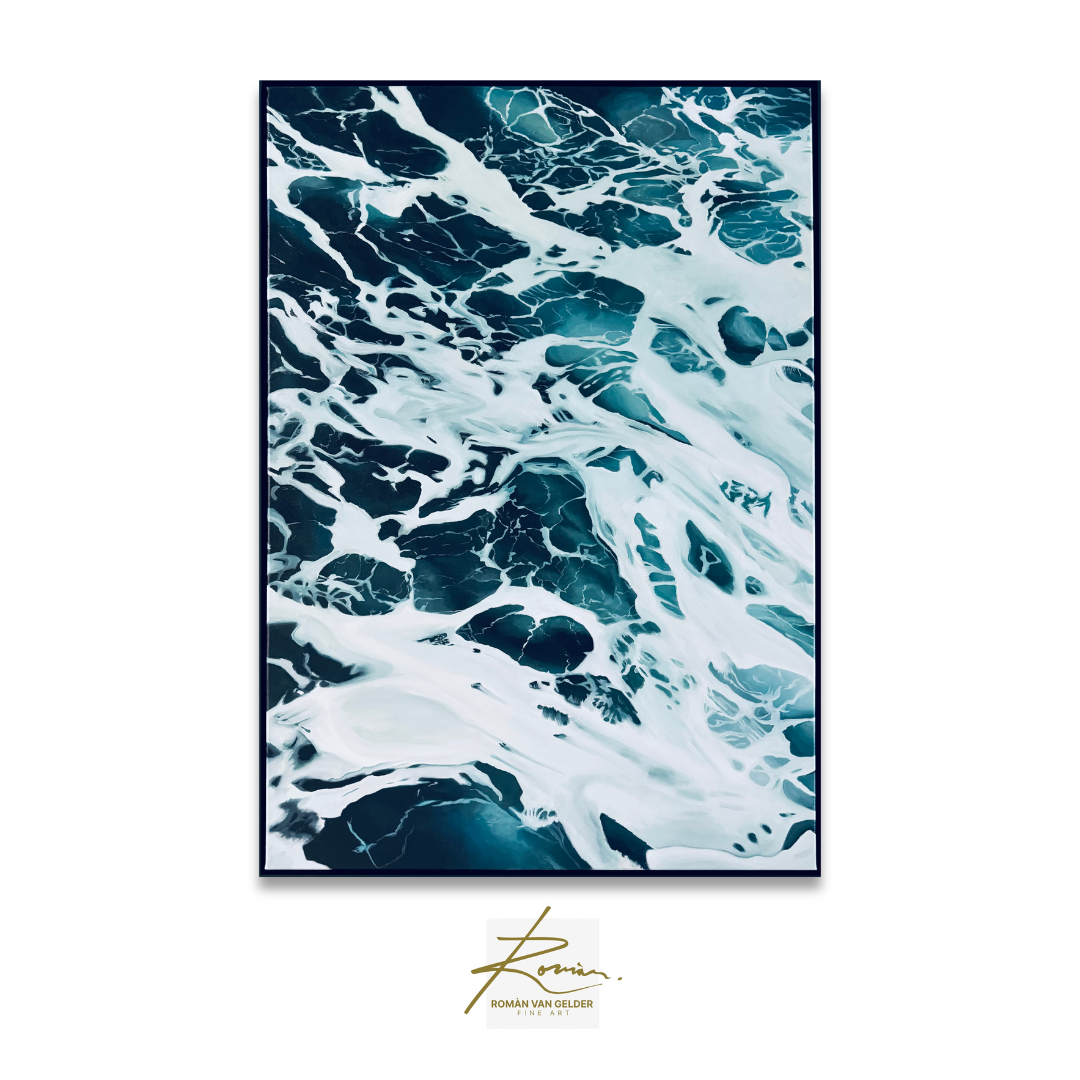 Abstract art print with blue and white patterns on a white background, signed by Roman Van Helden.