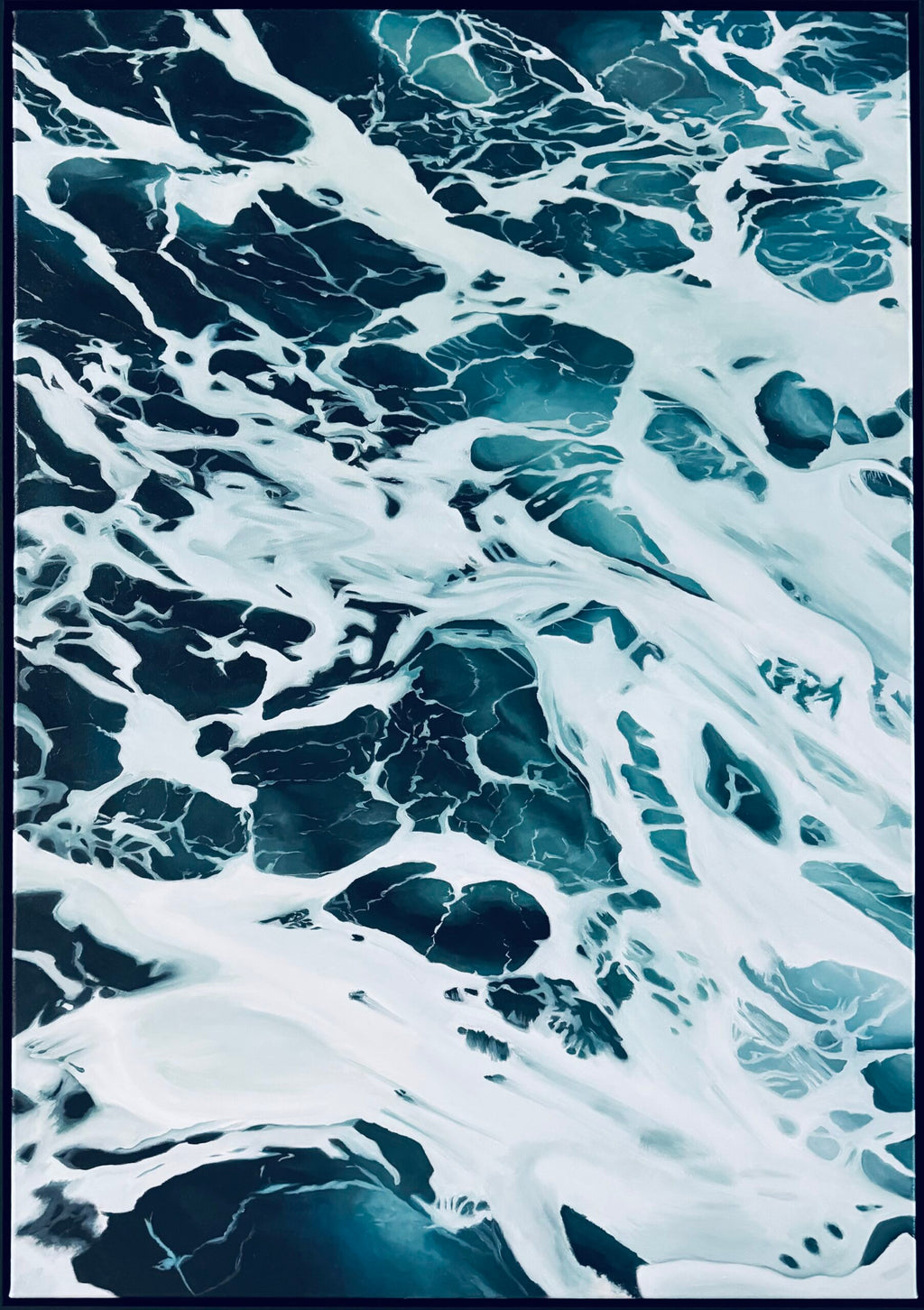 Close-up of a sea oil painting with a blue and white color scheme
