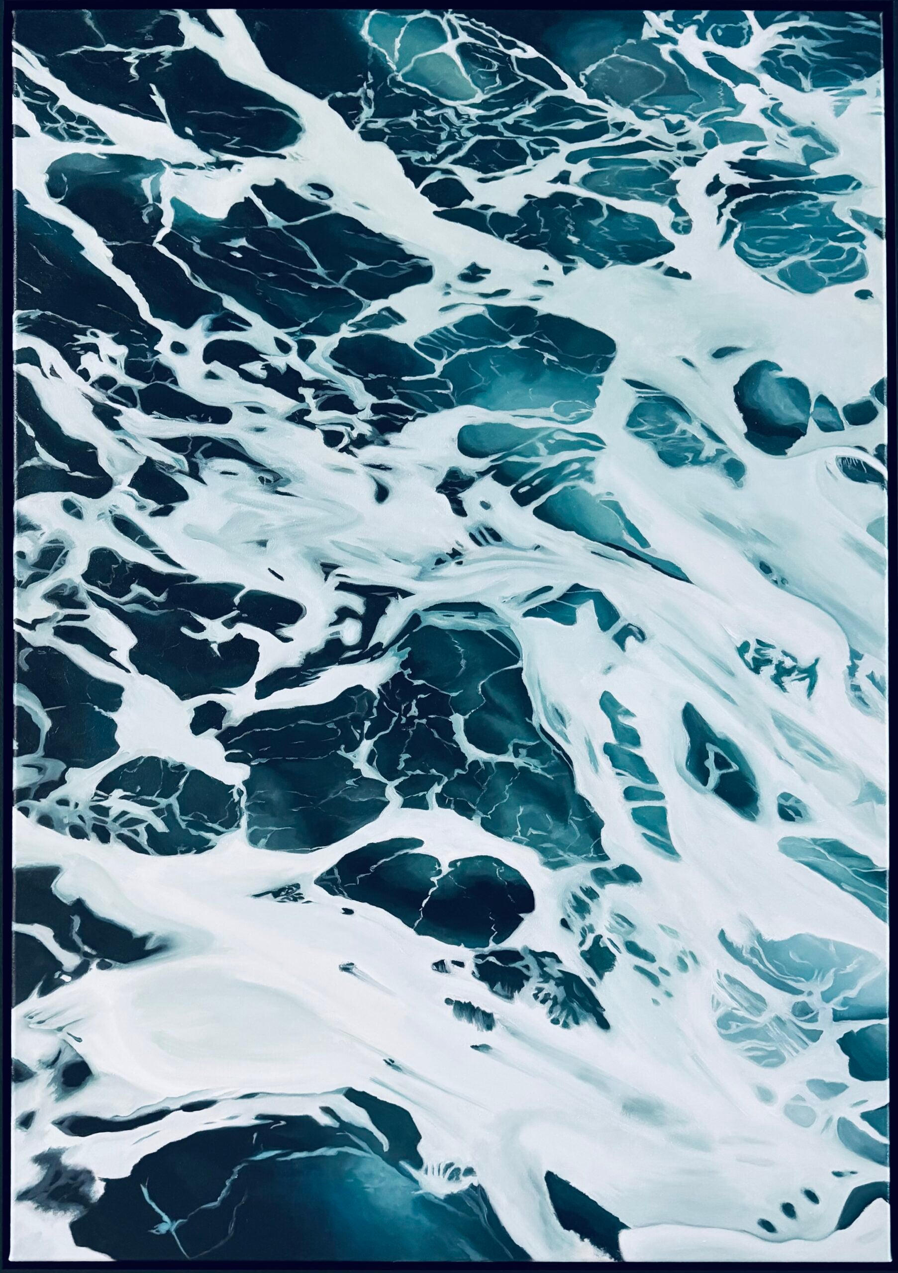 Close-up of a sea oil painting with a blue and white color scheme