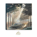 Painting of a forest scene with a path and trees, signed 'Roman Van Helden'.