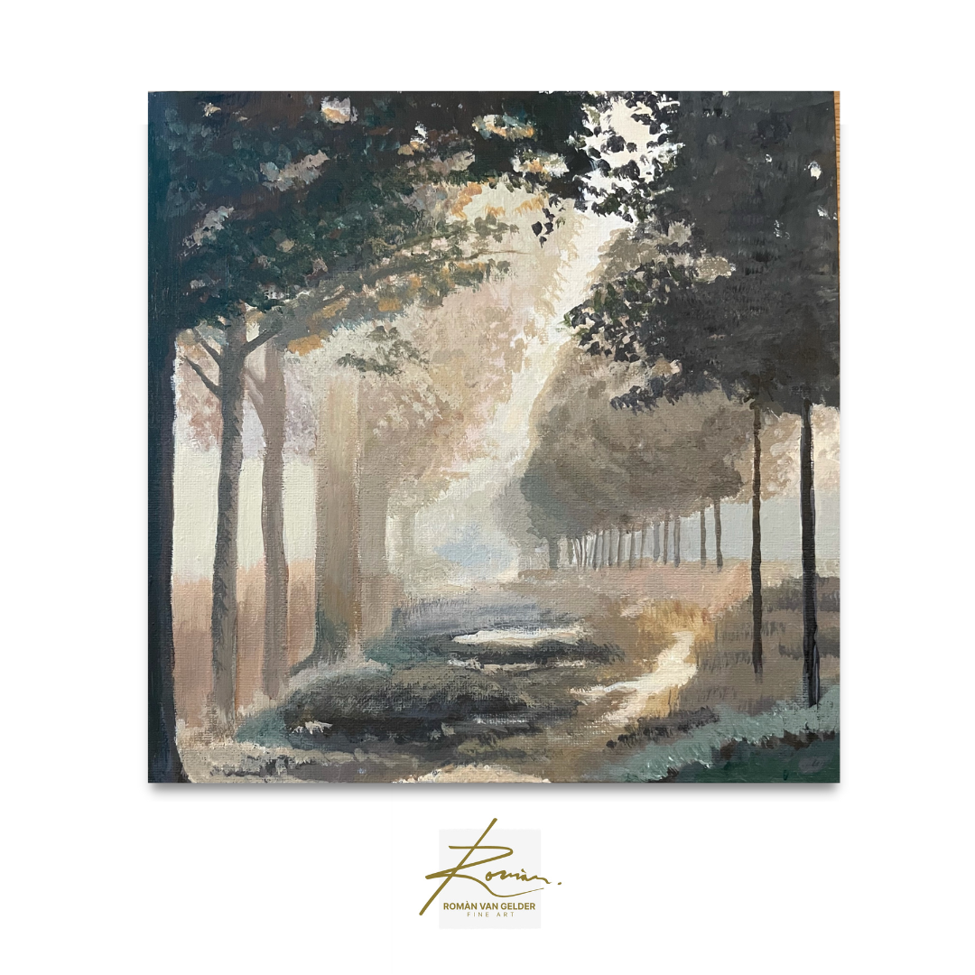 Painting of a forest scene with a path and trees, signed 'Roman Van Helden'.