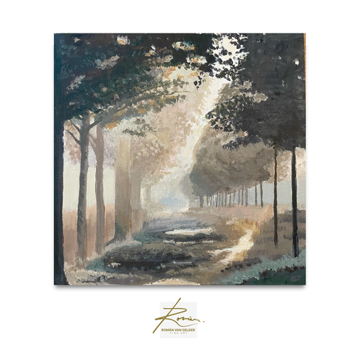 Painting of a forest scene with a path and trees, signed 'Roman Van Helden'.