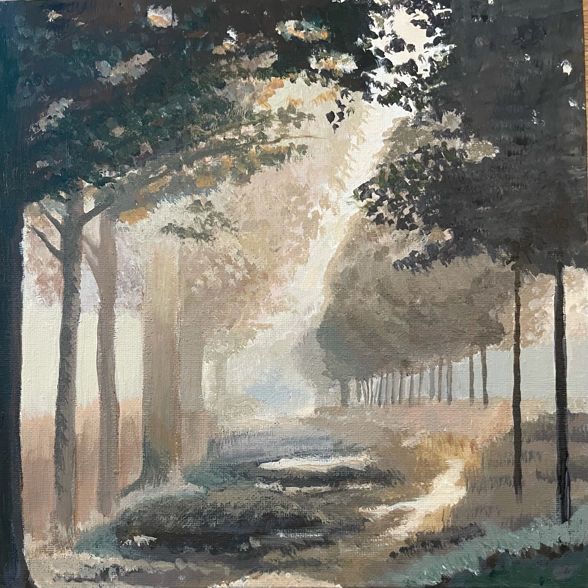 Painting of a forest path with trees and sunlight filtering through.