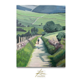Painting of a person walking along a path in a green landscape with rolling hills.