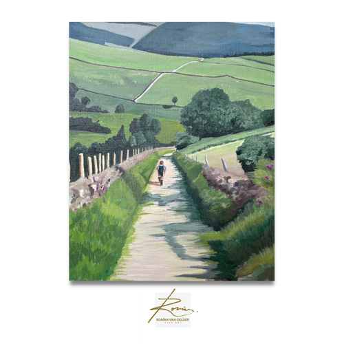Painting of a person walking along a path in a green landscape with rolling hills.