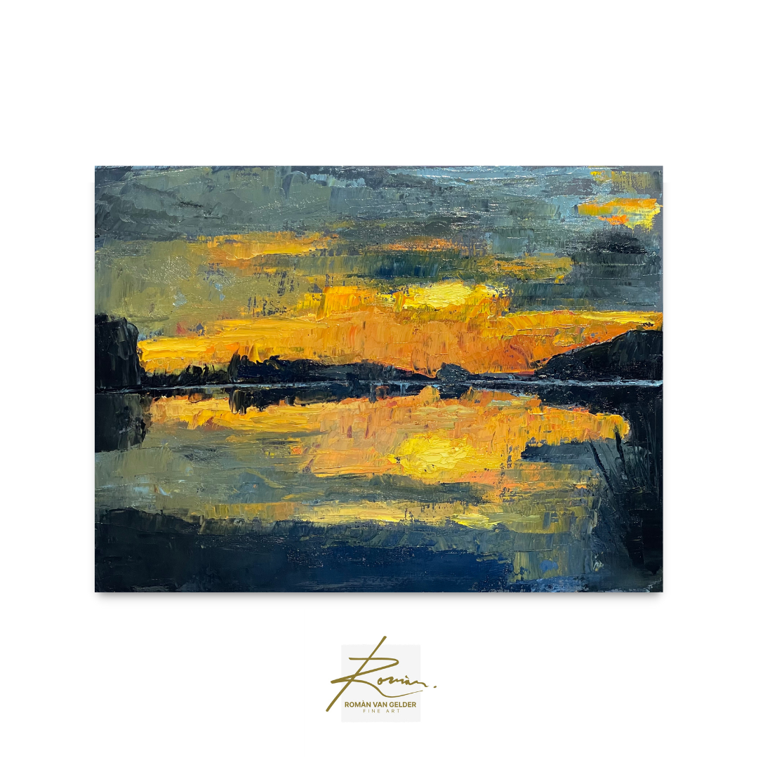 Abstract painting of a sunset over water with a signature at the bottom right corner.