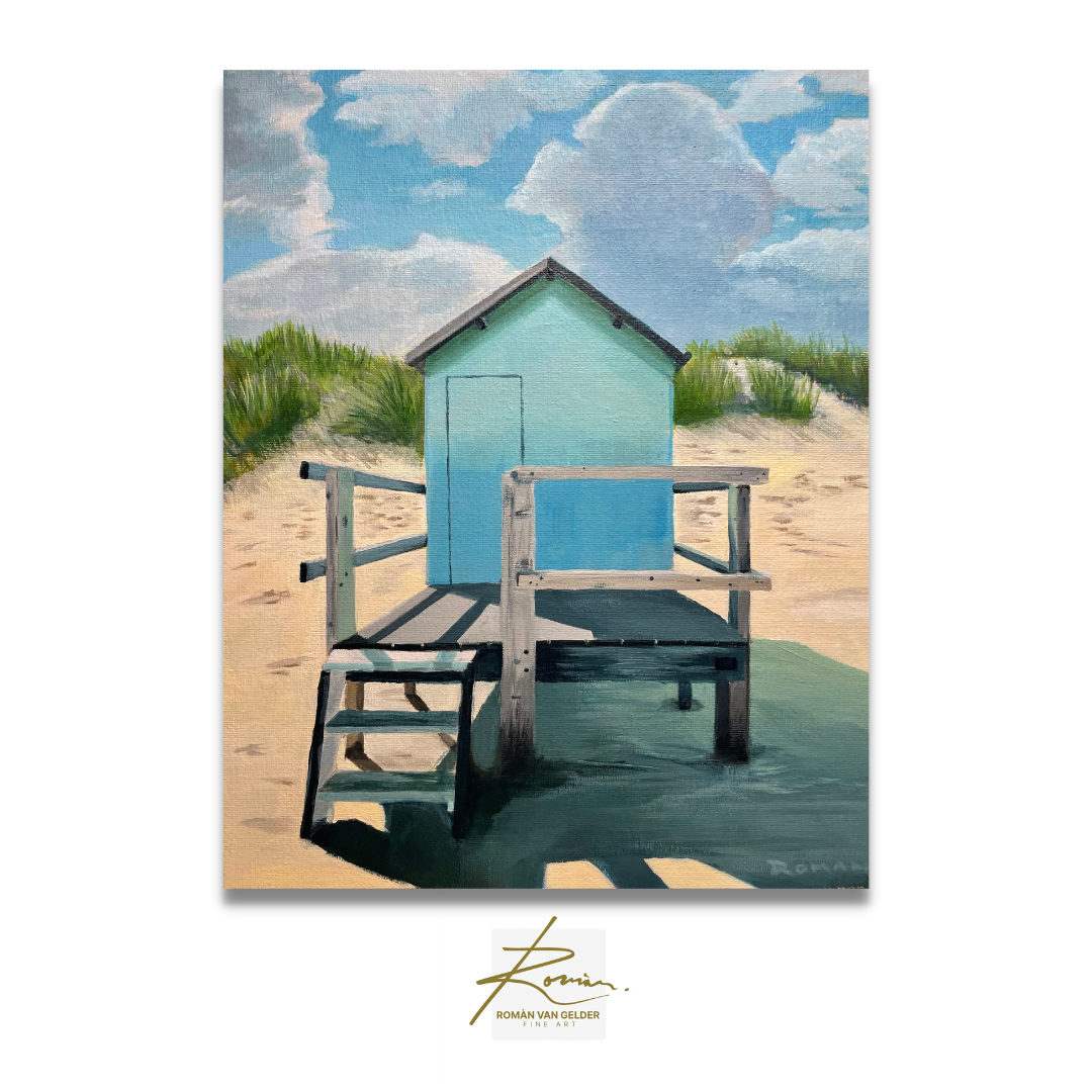Painting of a blue beach hut on a sandy beach with a clear sky.