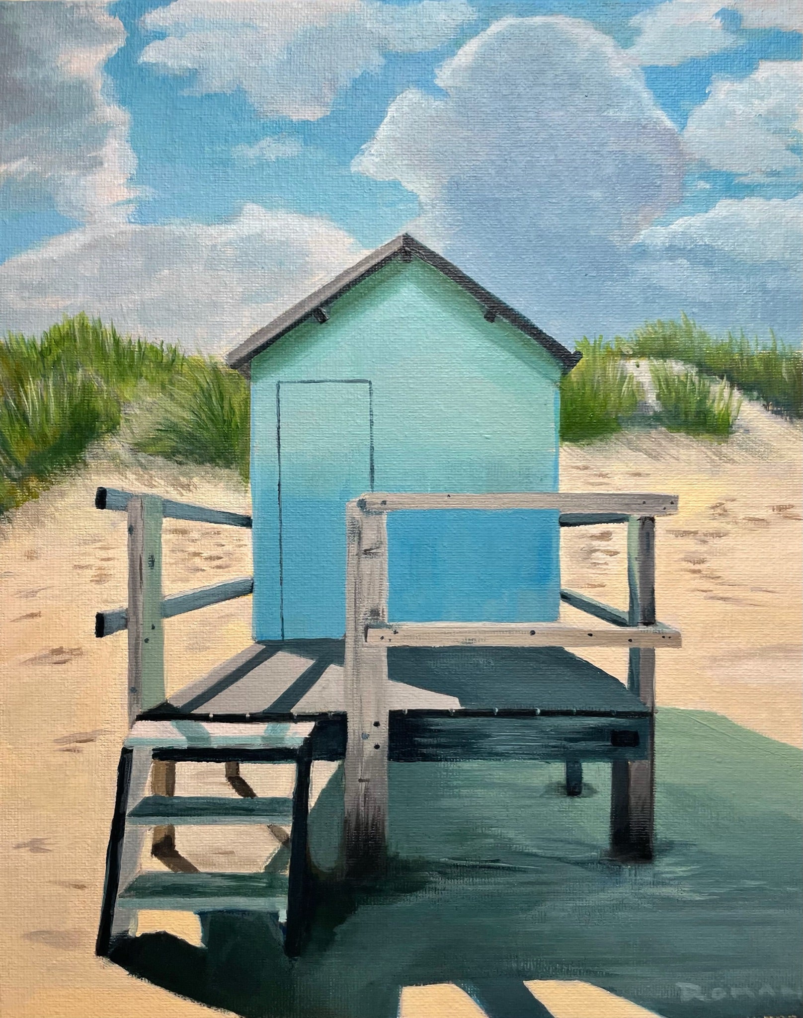 Painting of a blue beach hut with wooden steps on a sandy beach.