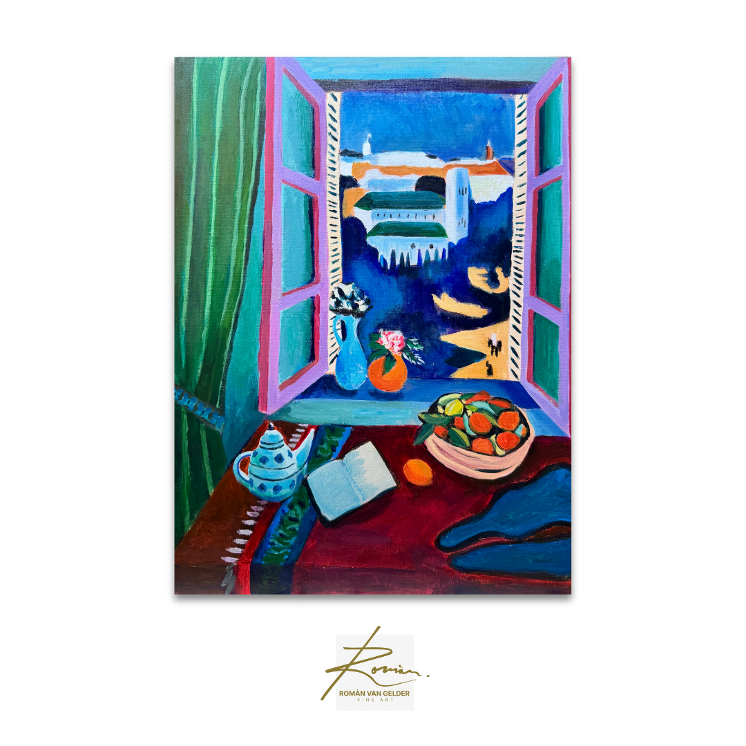 Colorful painting of a room with an open window, furniture, and decorative items.