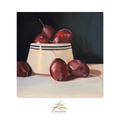 Still life painting of plums and a bowl on a dark background
