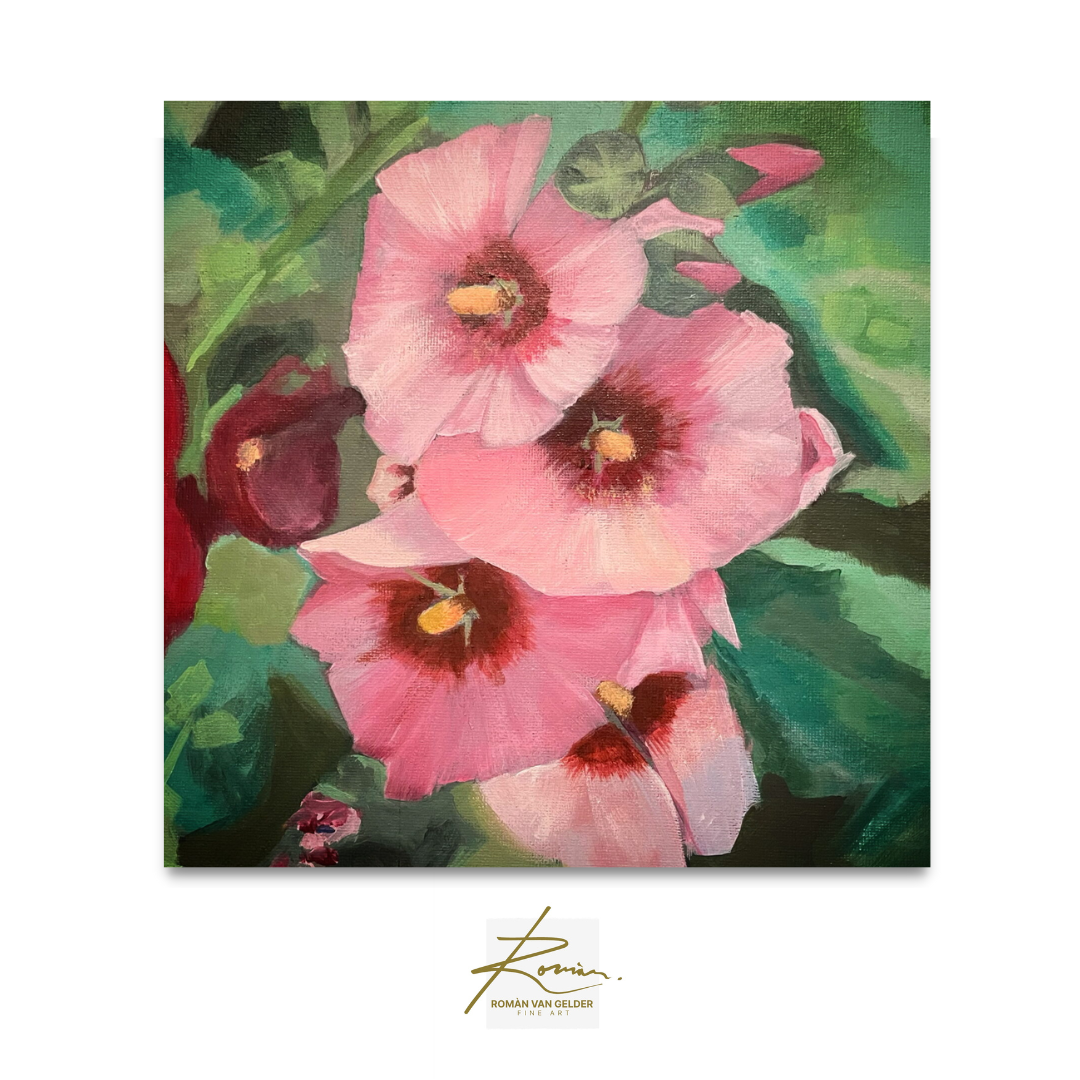 Painting of pink flowers with green leaves on a white background