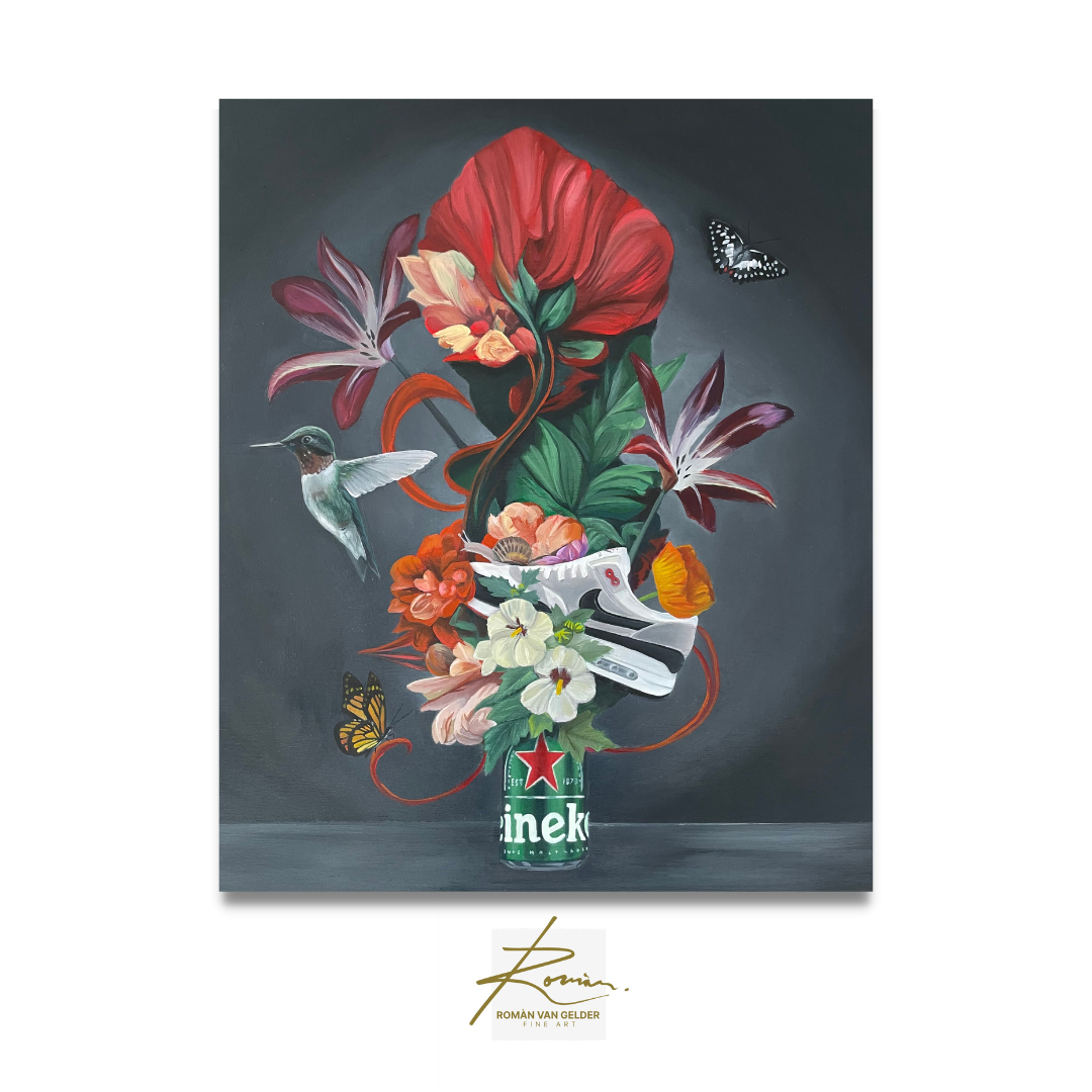 Artistic depiction of a Heineken bottle with floral and butterfly elements on a dark background.