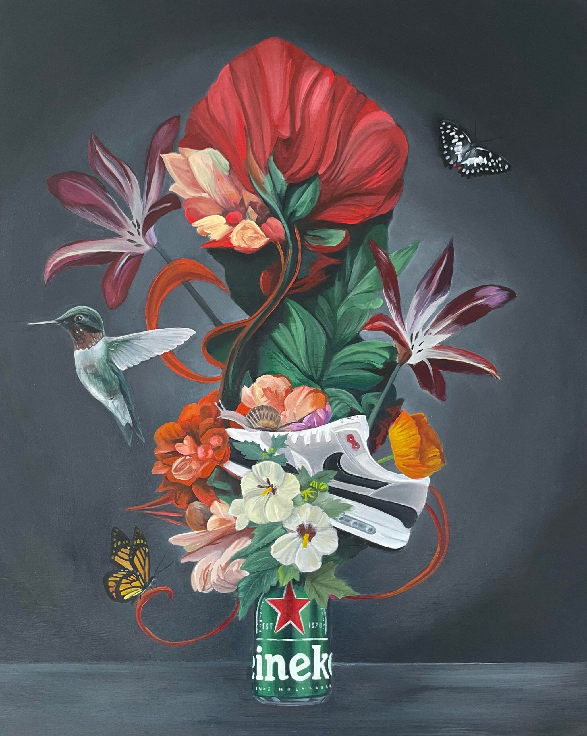 Heineken beer can with floral and insect design on a dark background