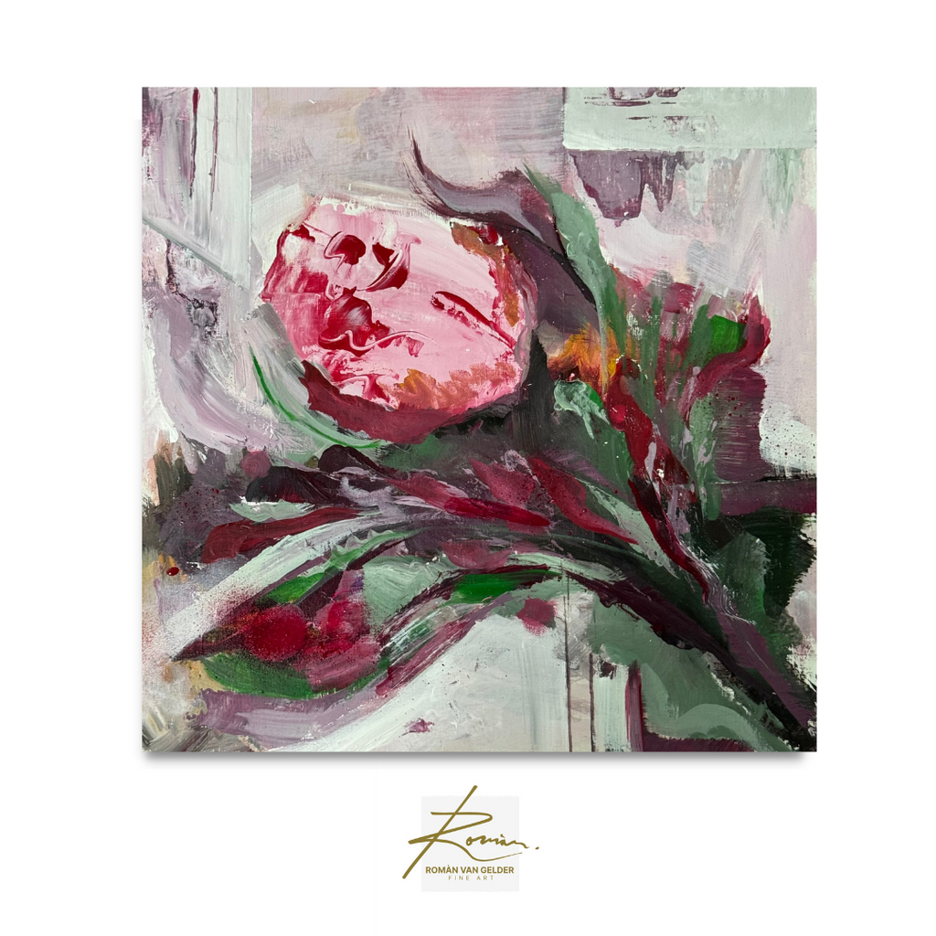 Abstract painting of a flower with a signature at the bottom right corner.