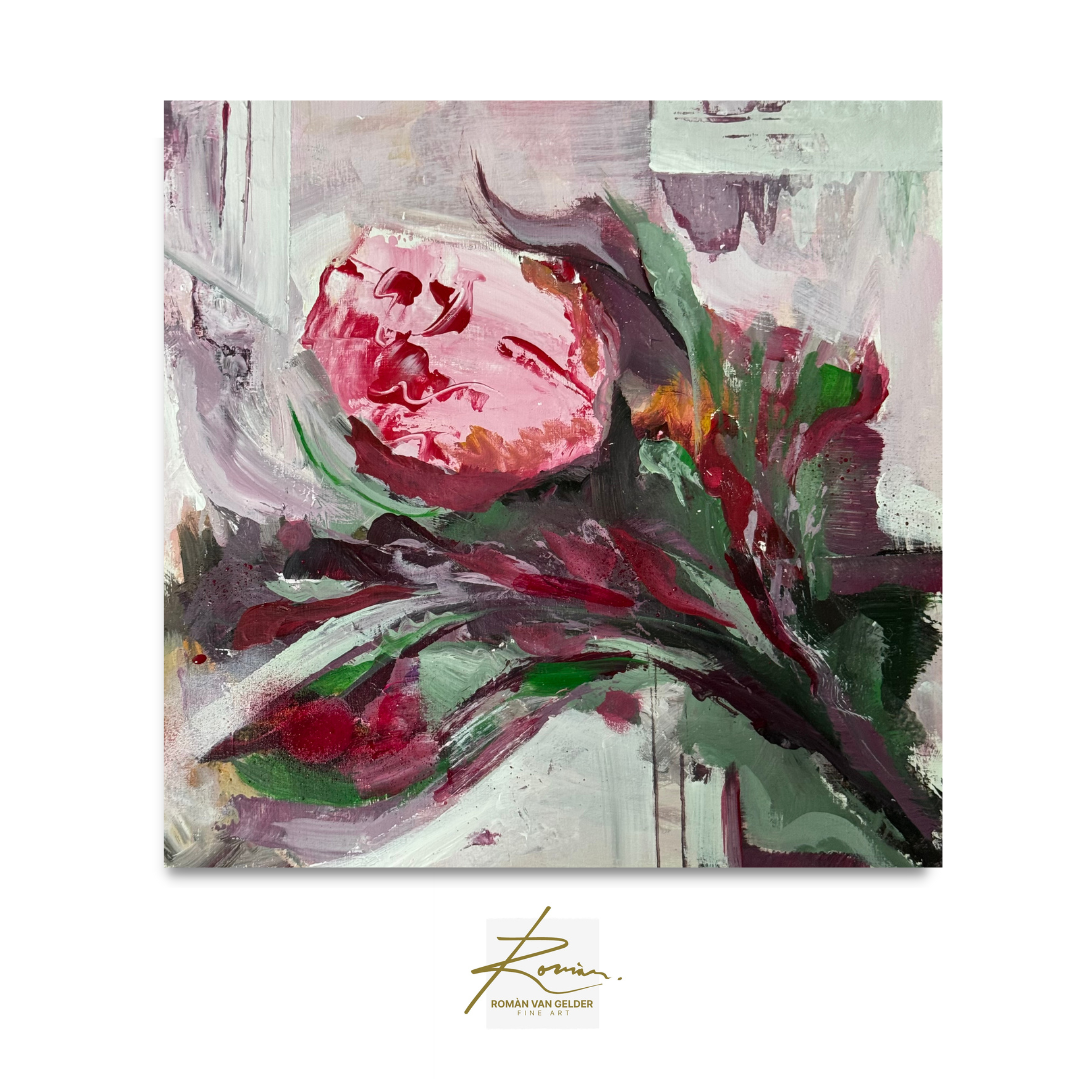 Abstract painting of a flower with a signature at the bottom right corner.