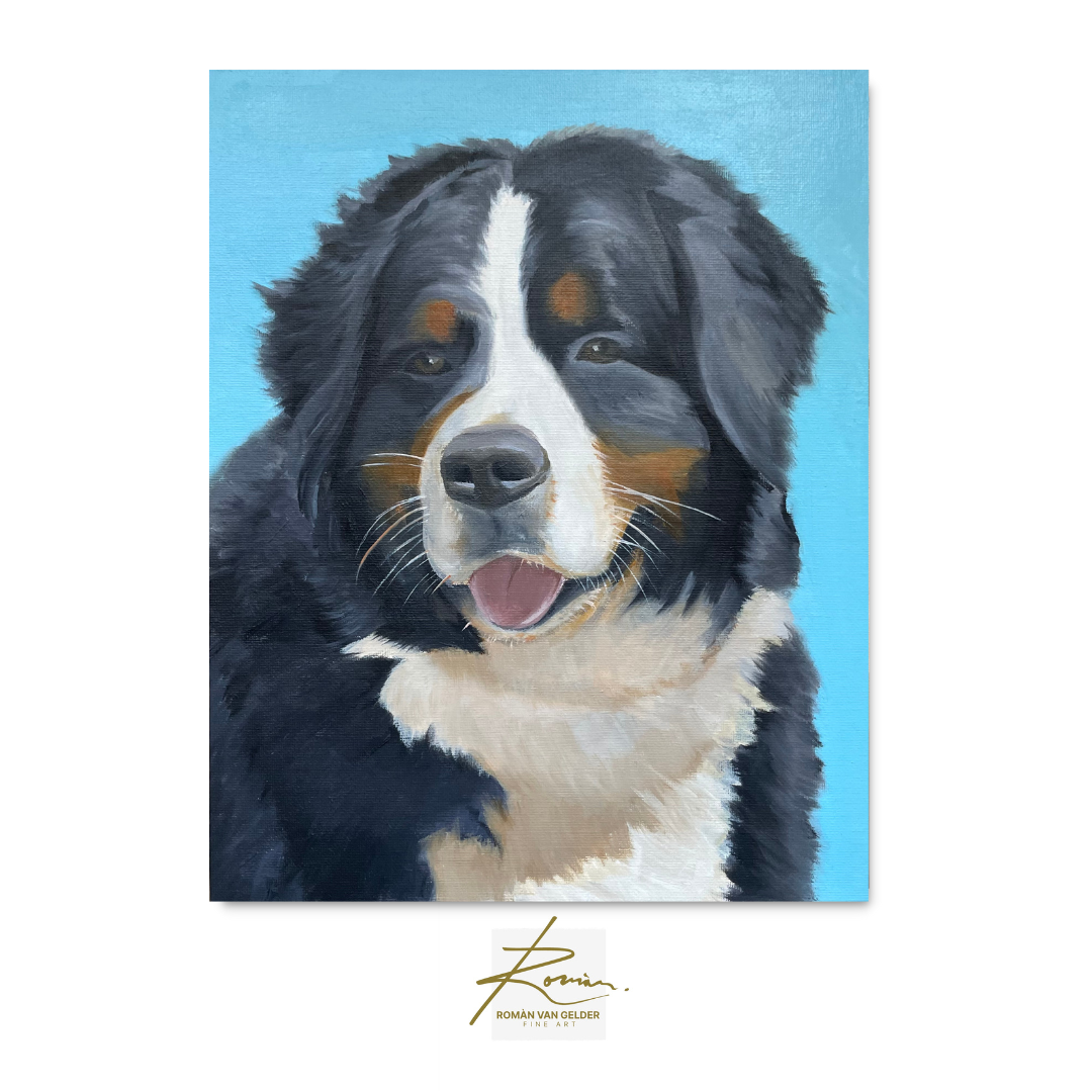 Painting of a Bernese Mountain dog with a blue background