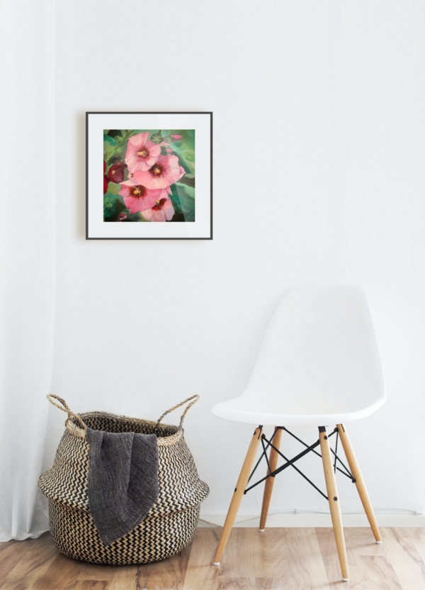 Acrylic Painting Summer Abundance | Pink Hollyhocks | Interior shot